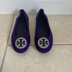 Tory Burch Purple Velvet Flats with Signature Logo